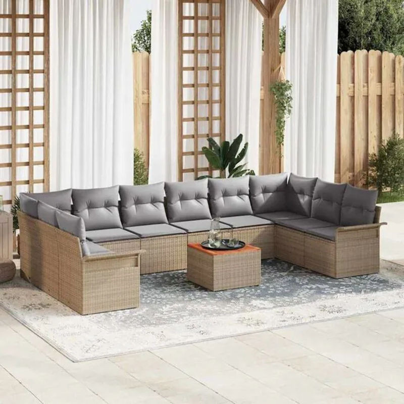 Vidaxl Garten-Sofa-Set aus Polyrattan und Akazie, 11-teiliges Loungemöbel-Set in Beige und Grau, B/T/H: 55 x 55 x 37 cm - Bild 1