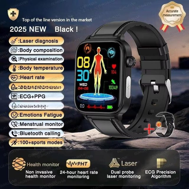 ZODVBOZ Smartwatch mit EKG und PPG Gesundheitsdiagnose, Blutdruckmessung, Herzfrequenz, SpO2 und Schlafüberwachung, Bluetooth, Farbe: Schwarz mit Lederarmband - Bild 1