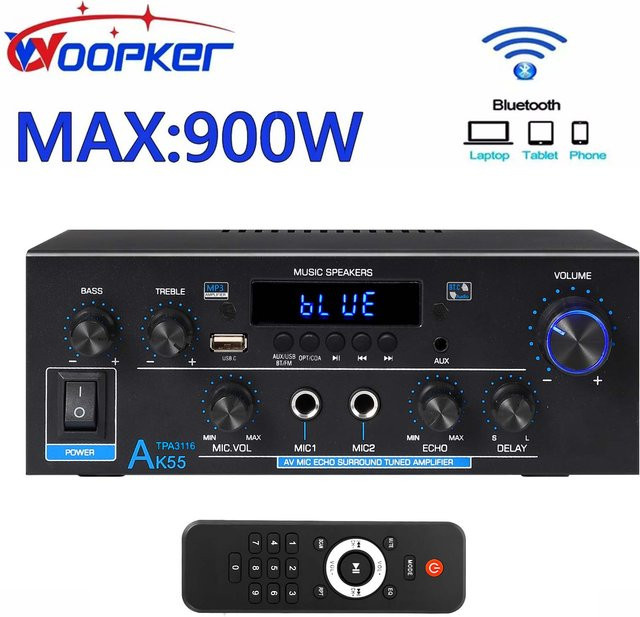Woopker AK55 HiFi Bluetooth 5.1 Audioverstärker in Schwarz mit 900 W Leistung, Bassumrandung und FM-Funktion - Bild 1