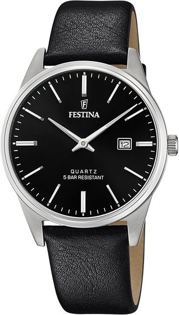 Festina Armbanduhr, Quarz, Edelstahl, Leder, Schwarz, 39 mm, Herren - Bild 1