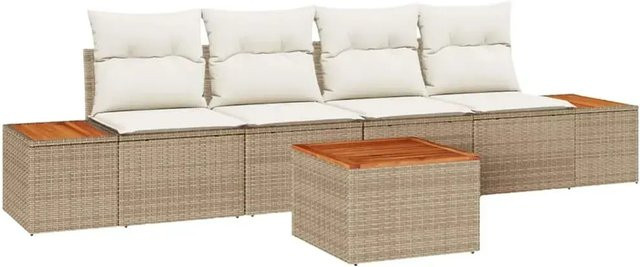 vidaXL Garten-Sofa-Set 5-tlg. aus Polyrattan in Beige mit Kissen und Gartentisch - Bild 1