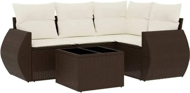 vidaXL 5-tlg Garten-Sofagarnitur in L-Form aus braunem Poly-Rattan mit Kissen und Armlehnen - Bild 1