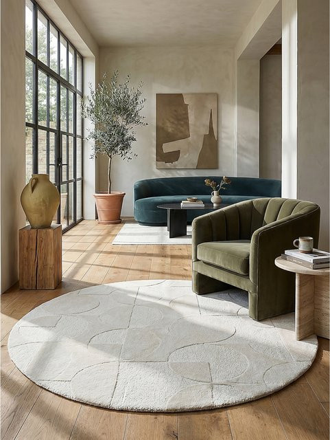 Wollteppich Kurzflor Kadima Design Elfenbein mit Kreis-Relief Ø 160 cm - Bild 1