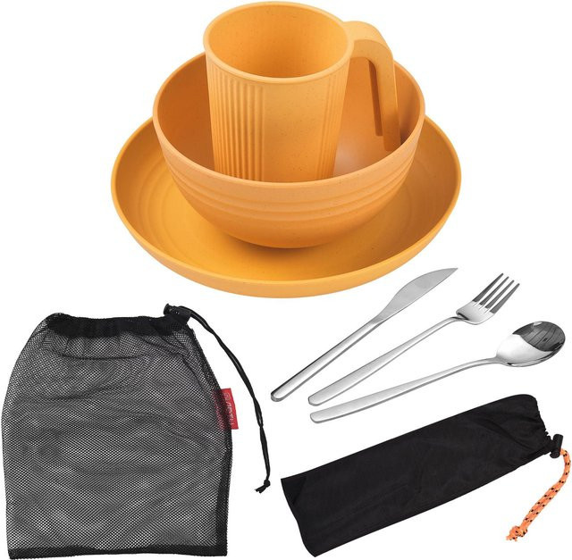 TOMTOP JMS Camping-Utensilien-Set für 1 Person aus Weizenstroh in Gelb mit Schüssel, Teller, Tasse, Gabel, Messer und Löffel - Bild 1