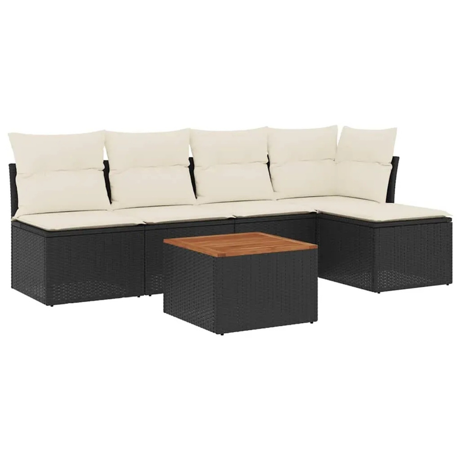 vidaXL 6-teilige Garten-Sofagarnitur in L-Form aus Polyrattan und Akazienholz mit Kissen in Schwarz-Creme - Bild 2