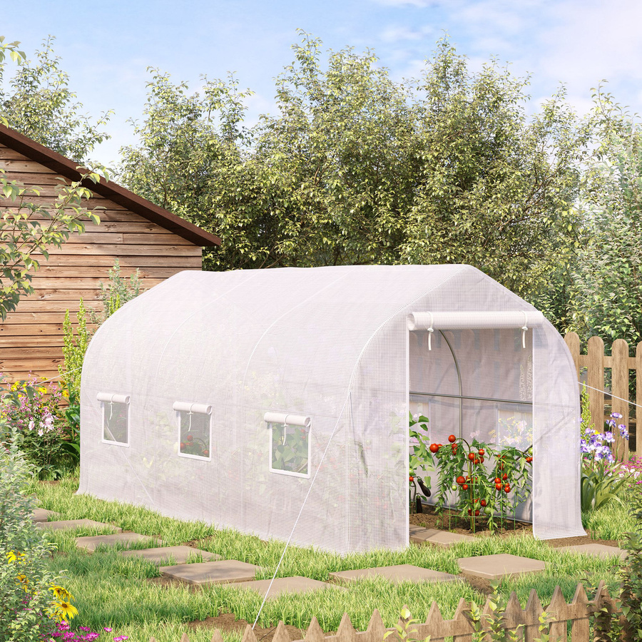 Outsunny Tunnel-Gewächshaus mit Satteldach in Weiß, B/T/H: 400 x 200 x 200 cm, mit aufrollbaren Türen, 6 Fenstern und PE-Abdeckung für deinen Garten - Bild 2