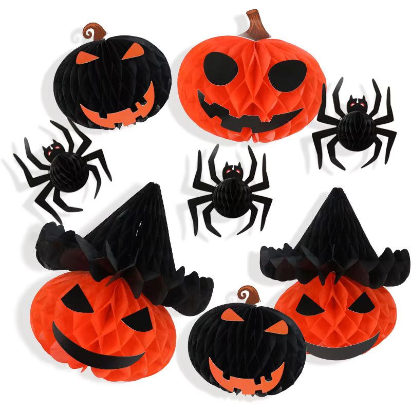 ZQNYCY 8er Set Halloween Wabenbälle aus Papier mit Spinne und Kürbis Motiven in Orange und Schwarz zur Dekoration für Innen und Außen - Bild 1