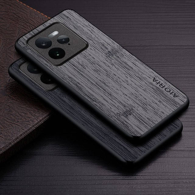 Luxus Handyhülle mit Bambus-Holzmuster aus Leder für Realme GT 7 Pro in Braun und Grau - Bild 1