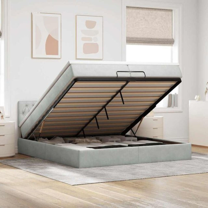Vidaxl Ottoman Polsterbett mit Matratzen und LED in Hellgrau Samt B/T: 200 x 200 cm - Bild 1