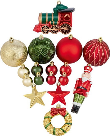 OBI Weihnachtskugeln Sortiment mit 47 Teilen in Gold, Grün und Rot inklusive Figuren und Sternen