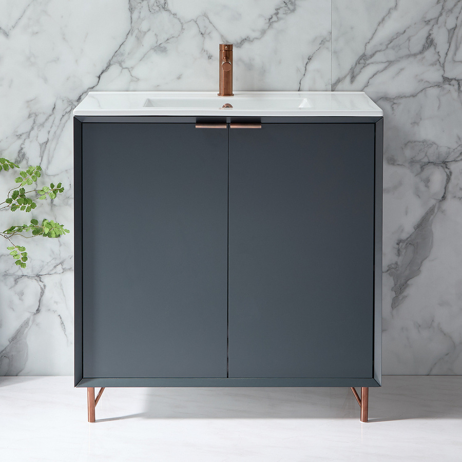 Waschtischunterschrank mit Waschbecken HudsonReed Edge in Anthrazit mit Fingergriffen in satiniertem Kupfer - Bild 1