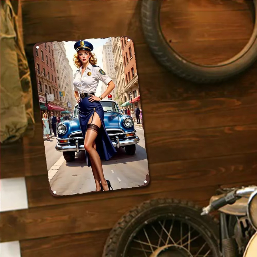 HELLOYOUNG Vintage Metall-Blechschild Wanddekoration mit Blondine in Polizeiuniform und klassischem Auto, Mehrfarbig, Rechteckig - Bild 6