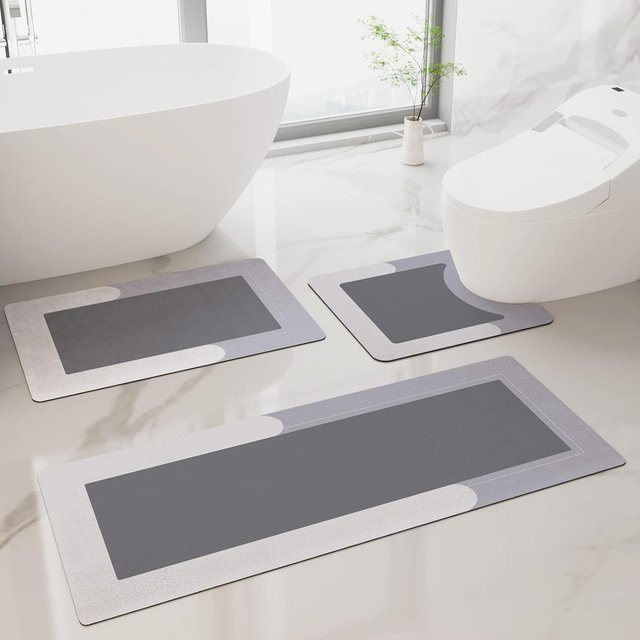 VIKAMA 3-teiliges Bodenmatten-Set für das Badezimmer in Grau mit U-Form für die Toilette und saugfähigen Trockenfußmatten im minimalistischen Stil - Bild 1