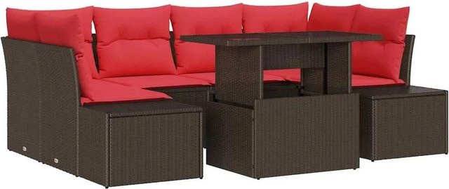 vidaXL Gartenmöbel Set aus Poly-Rattan in L-Form mit 3-Sitzer Sofa, Eckelement, Couchtisch und 7 Kissen in Braun und Rot - Bild 1