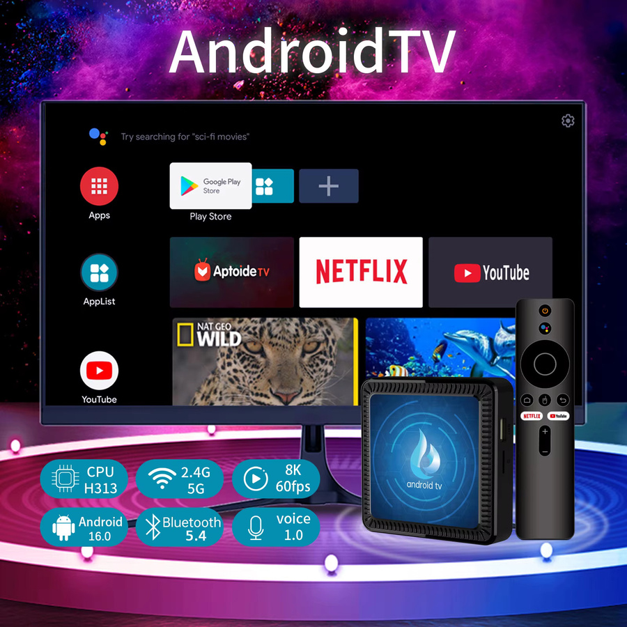 Android 16 TV-Box Allwinner H313 Quad-Core mit 4GB RAM und 64GB ROM, 8K Ultra HD AV1 Media Player, Dual-WLAN und Bluetooth 5.0, Schwarz - Bild 2