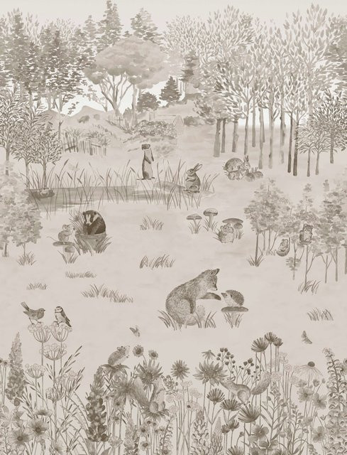 Little Greene Tapete Potter's Woodland Mural in Beige für Kinderzimmer mit botanischem Landschaftsmotiv - Bild 1