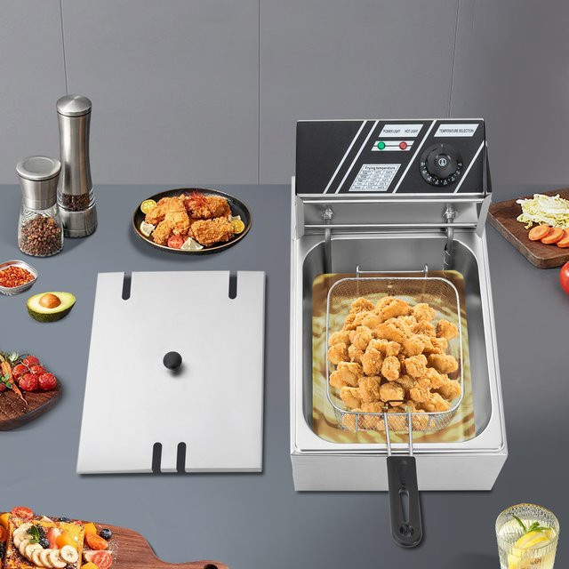 Bymaocar Elektrische Großraum-Fritteuse mit 2,5 kW und 6L Volumen, Silber/Weiß, H x B x T: 28 x 30 x 45 cm - Bild 1