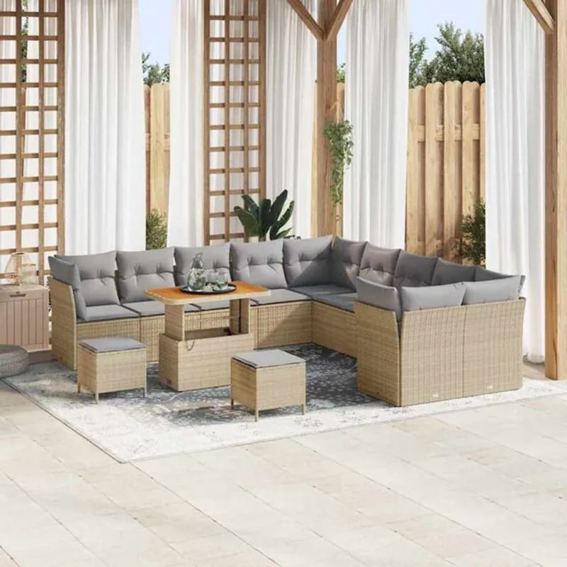 Vidaxl Polyrattan Garten-Sofa-Set aus 13 Teilen in Beige und Grau, modulares Loungemöbel-Set mit Fußhocker und abnehmbaren Bezügen, B/T/H: 90 x 55 x 71 cm - Bild 1