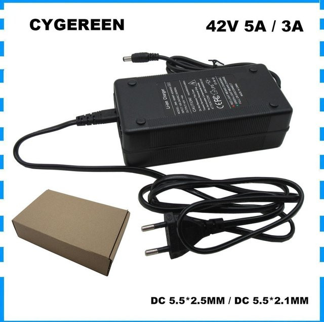 CYGEREEN Lithium-Ionen Ladegerät für 36V 37V 10S 18650 Akkus, 42V 3A mit Lüfter, Schwarz, Anschluss DC 5,5 x 2,5 mm und 5,5 x 2,1 mm - Bild 1