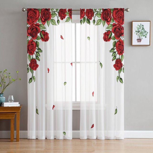 Transparente Tüll Vorhänge mit floralem Rosenmuster in Weiß, B: 135 cm, H: 115 cm - Bild 1