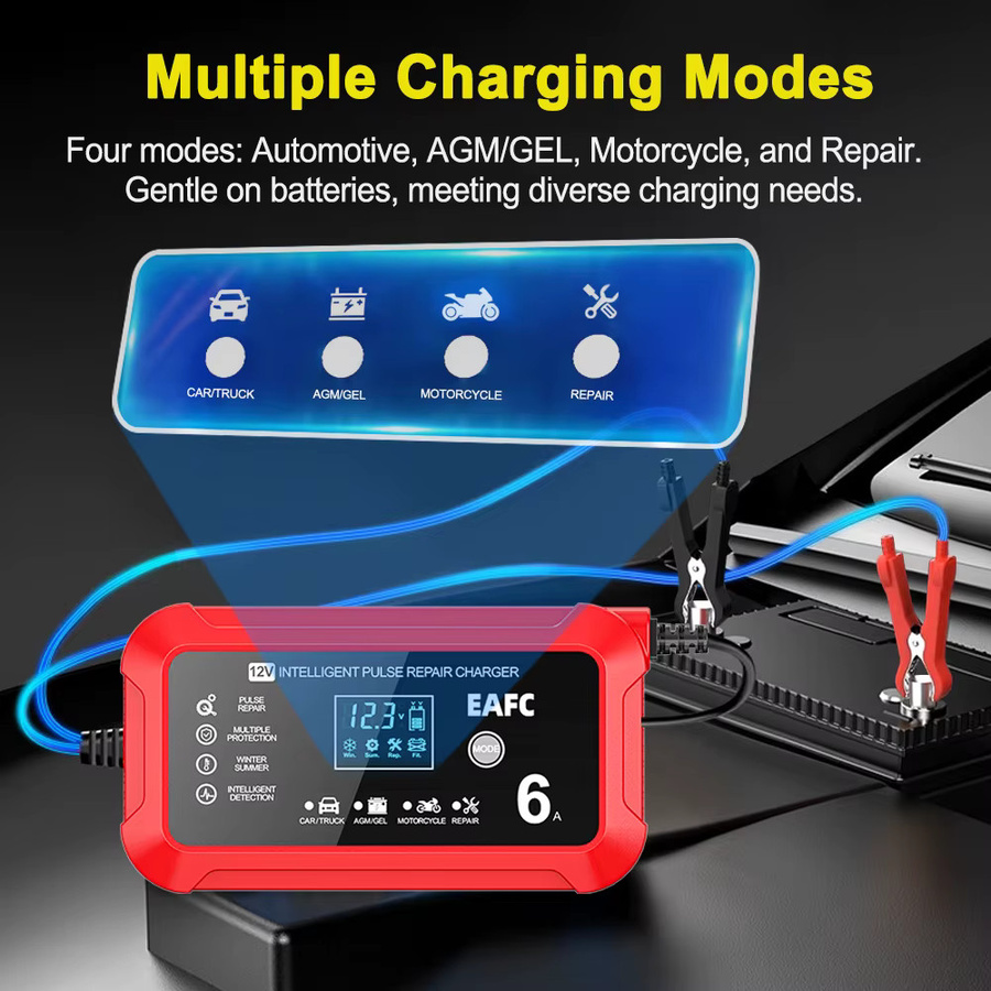 EAFC Smart Batterie Ladegerät 6A 12V mit LCD-Display und Puls-Reparaturfunktion für Blei-Säure-Batterien in Rot - Bild 3