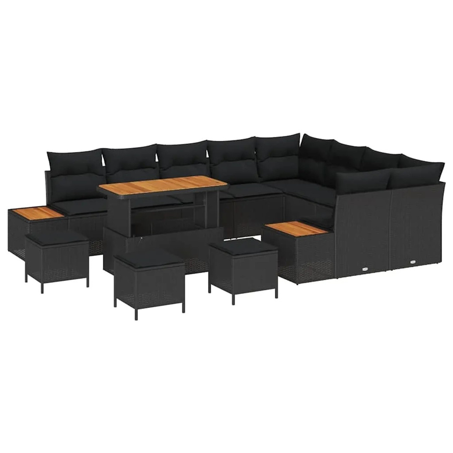 vidaXL Garten-Sofa-Set aus Poly Rattan und Akazienholz mit Kissen, 13-teilig, Schwarz - Bild 2