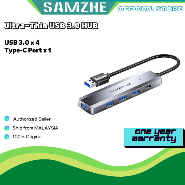 SAMZHE Ultraflacher 4-Port USB 3.0 Hub mit USB-C Anschluss, Hochgeschwindigkeits-USB-Hub Splitter Adapter in Grau für Laptop, PC und Smartphone - Bild 1