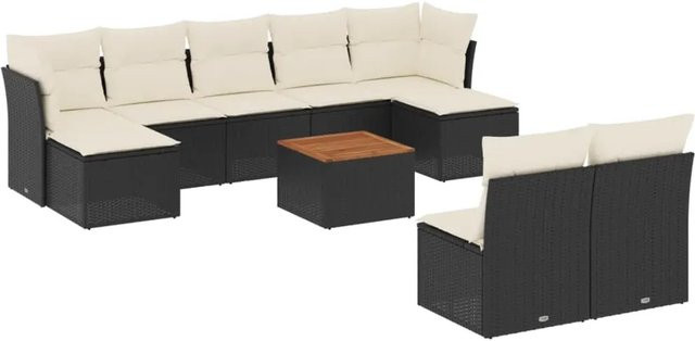 vidaXL 10-tlg Garten-Sofagarnitur in L-Form mit Kissen und Couchtisch, Schwarz, Poly Rattan und Metallgestell - Bild 1