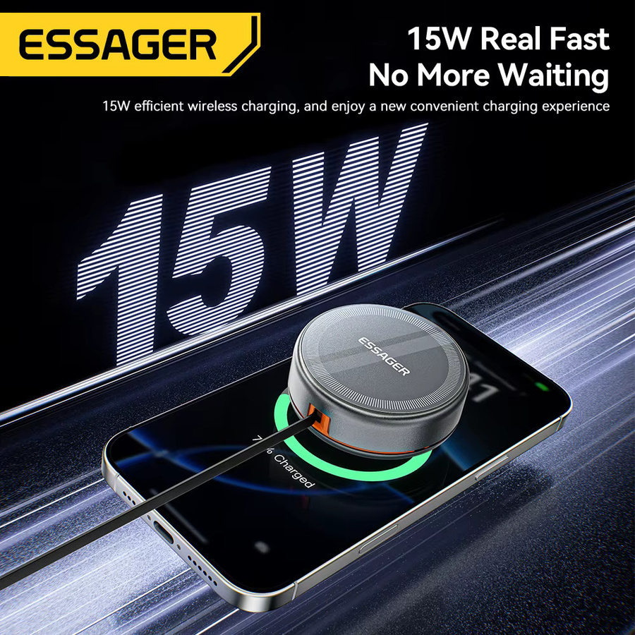Essager 3-in-1 magnetisches kabelloses Ladegerät mit 15 W und einziehbarem Typ-C-Kabel für iPhone, AirPods und Smartwatches in Schwarz oder Grau - Bild 3