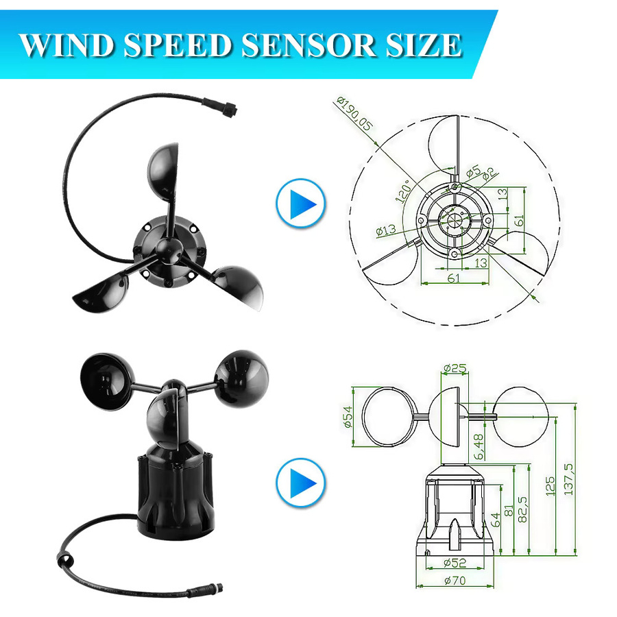 UICPAL Windgeschwindigkeitssensor Anemometer für Wetterstationen Outdoor mit 3 Bechern in Schwarz mit RS485 Ausgang - Bild 2