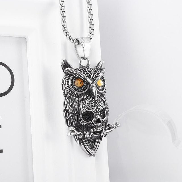 YIRAN Jewelry Halskette, Eulen Schädel Anhänger, Titanstahl, Edelstahl, Unisex - Bild 1