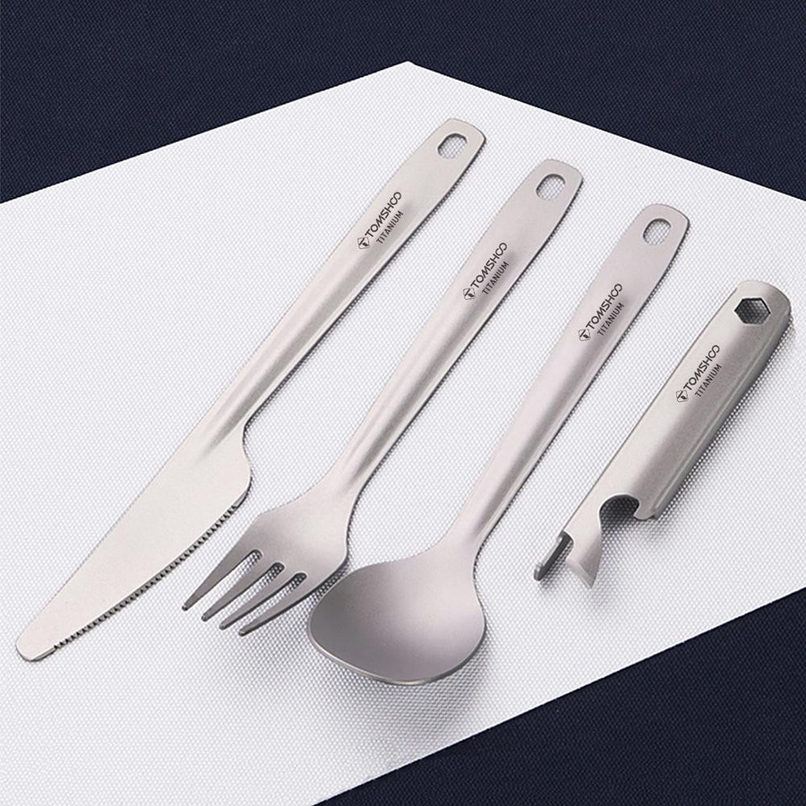 TOMSHOO 4-in-1 Titan-Besteckset in Silber Matt mit Löffel, Gabel, Messer und Flaschenöffner inklusive Aufbewahrungshalter - Bild 3
