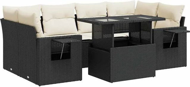 vidaXL 7-teilige Garten-Sofagarnitur in L-Form aus Poly-Rattan mit Kissen in Schwarz-Creme - Bild 1