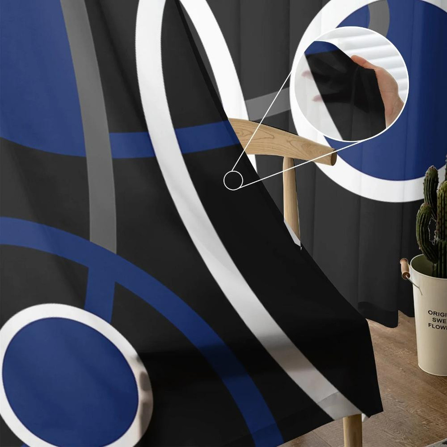 Yiran Furniture Transparenter Vorhang mit geometrischem Muster in Blau und Schwarz, Tüll Voile Organza mit Ösen, Breite: 135 cm, Höhe: 115 cm - Bild 2