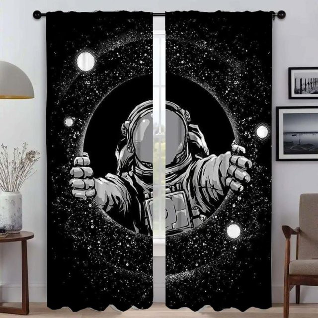 2er-Set Astronaut Moskitonetze für Wohnzimmerfenster, schwarze Vorhänge mit Grafikdesign, Breite: 50 cm, Höhe: 70 cm - Bild 1