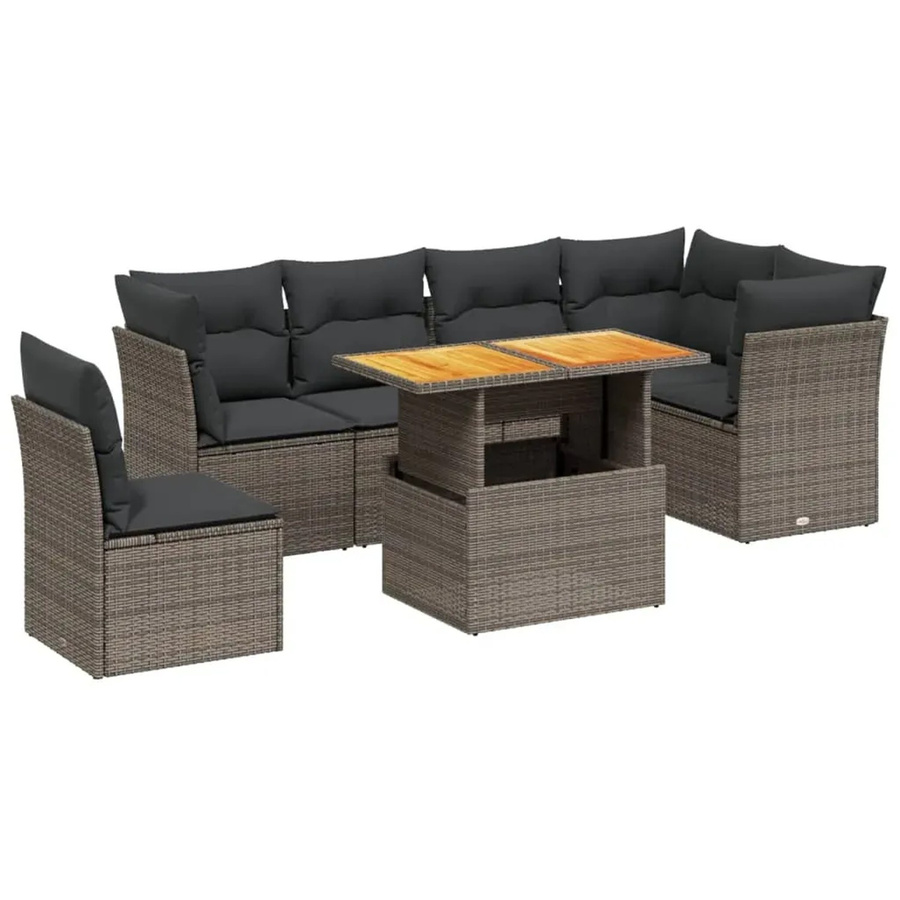 vidaXL 7-teilige Garten-Sofagarnitur in Grau aus Poly-Rattan mit Kissen und Akazienholz - Bild 2