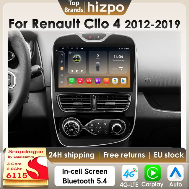 Hizpo Android 14 Autoradio für Renault Clio 4 2012-2019 mit 8GB RAM, 128GB Speicher, Qualcomm Snapdragon 6115, GPS und 4G Carplay in Schwarz - Bild 1