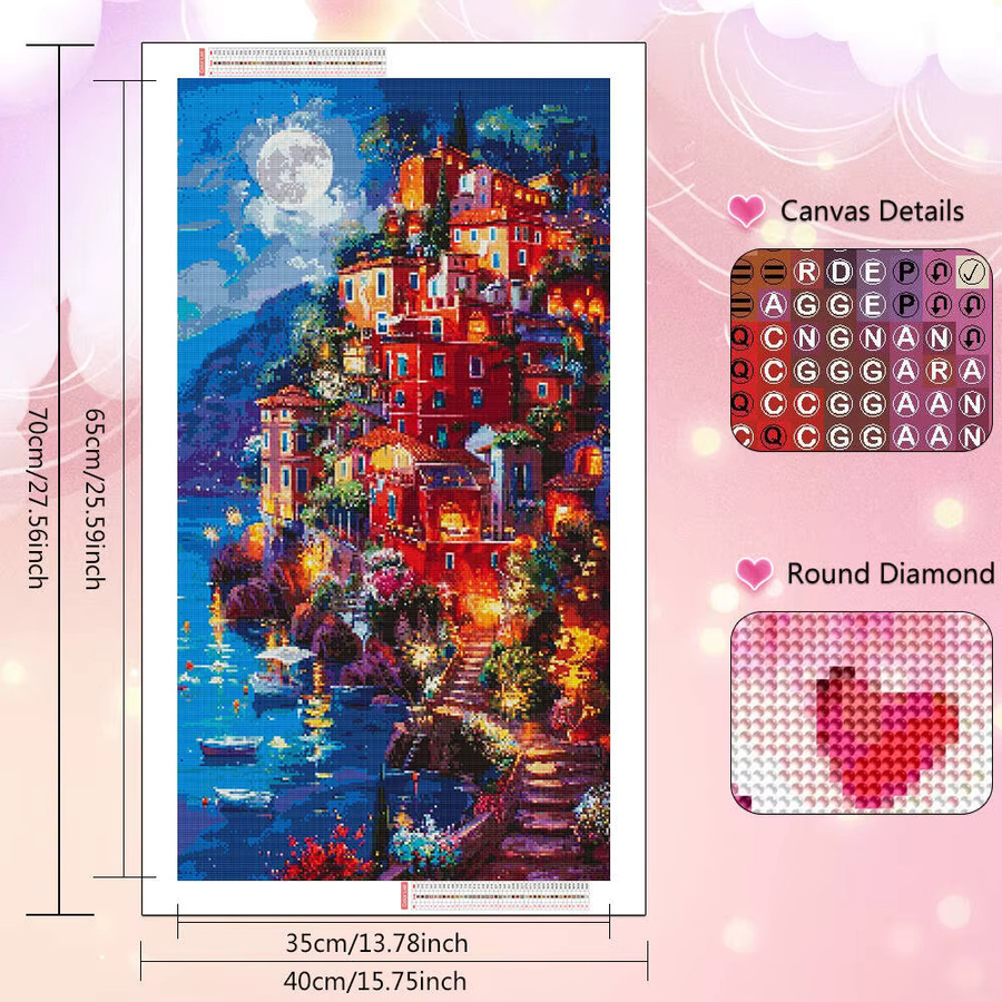 HUACAN Diamant-Mosaik-Malerei Landschaft Haus Mond Wanddekoration, Mehrfarbig, B/H: 70 x 40 cm - Bild 2
