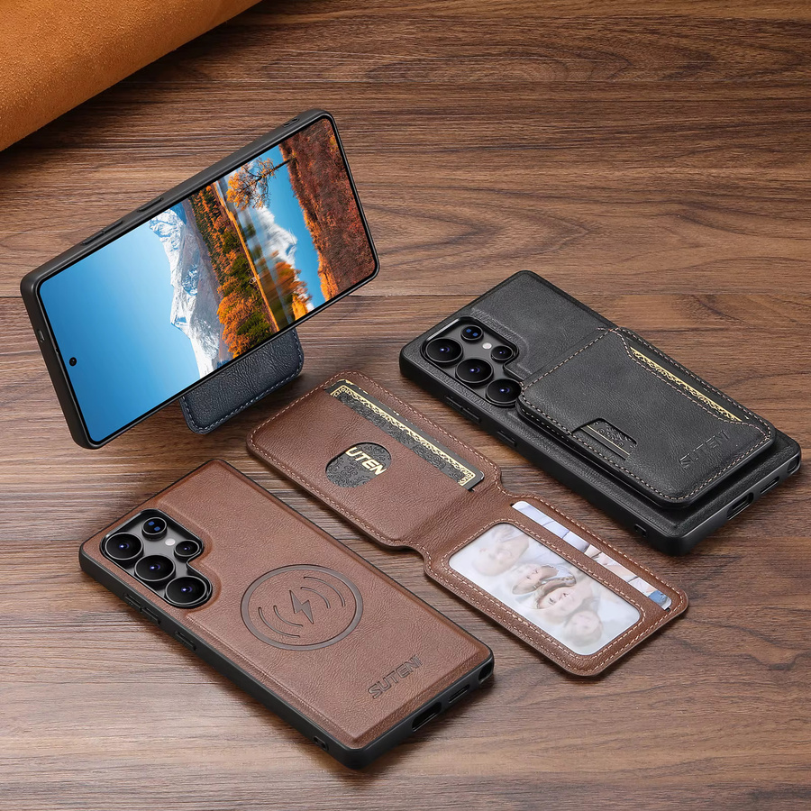 SUTENI Magnetische Luxus Faux Leder Handyhülle mit kabellosem Laden und Kartenhalter für Samsung Galaxy S26 Ultra, S25, S24, S23, S22 in Schwarz oder Braun - Bild 3