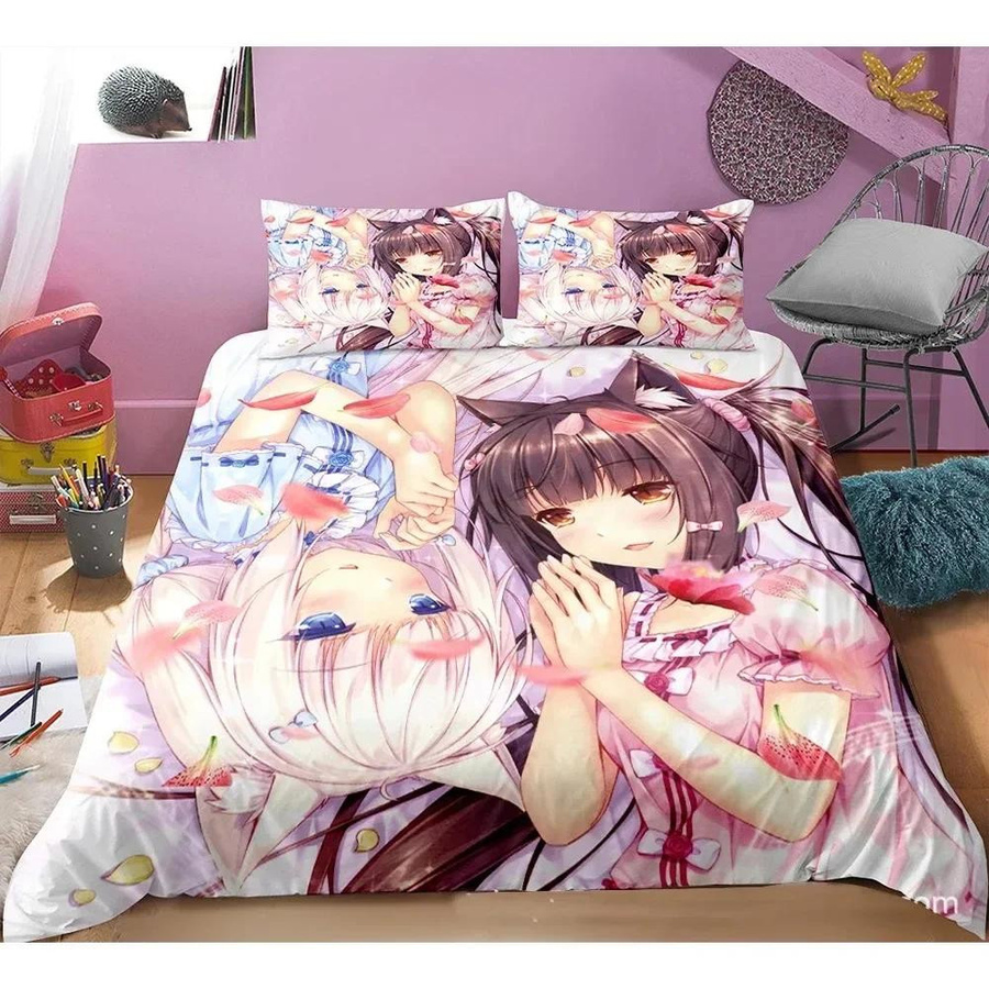 Nekopara Bettwäsche-Set mit Anime-Katzen-Maid-Muster, 3-teilig, Multicolor, B/H: 135 x 200 cm - Bild 1