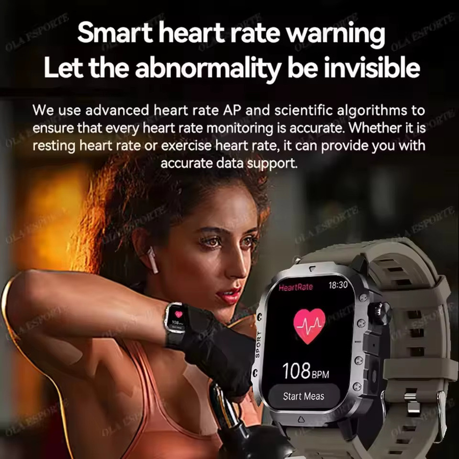 Militärische Smartwatch HW12 für Herren von Ola Esporte in Silber mit 2,01 Zoll Display, Fitness-Tracker, Gesundheitsüberwachung, Bluetooth-Anruffunktion und LED-Taschenlampe - Bild 4