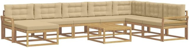 vidaXL Outdoor-Sofagarnitur aus Akazienholz in L-Form mit Polstern, 9-teiliges Set, Weiß und Beige - Bild 1