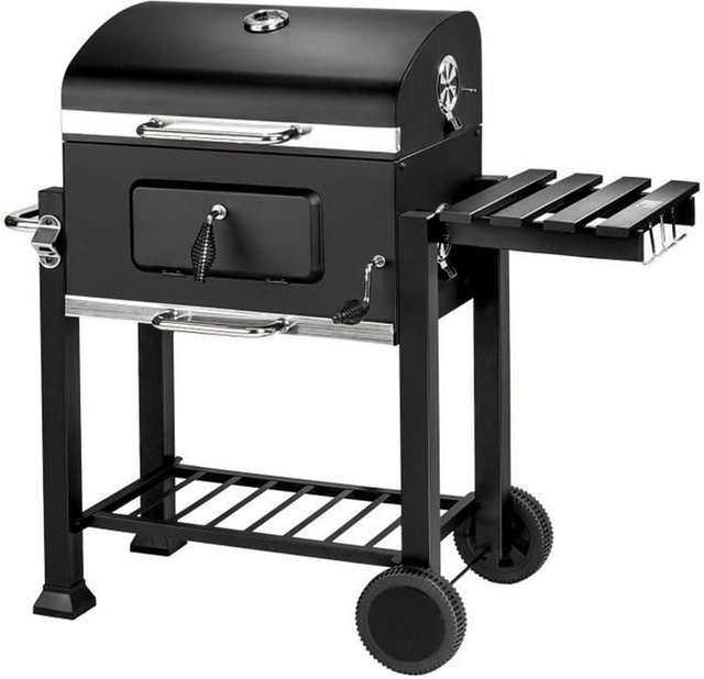 Schwarzer Holzkohlegrill als Grillwagen mit Deckel, Thermometer und 2 Rädern, B/H/T: 115 x 68 x 115 cm - Bild 1