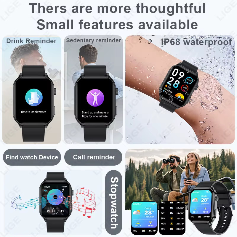 LIGE Smartwatch mit 2,01 Zoll Display, Bluetooth Anruffunktion, Herzfrequenz-Monitor und IP68 Wasserdichtigkeit, Farbe: Schwarz - Bild 5