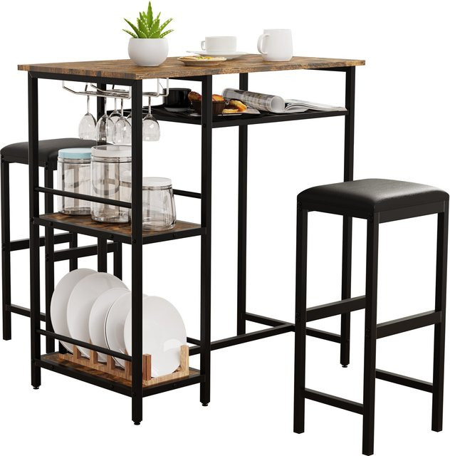 VCM Kolari 3-teiliges Bartisch-Set in Schwarz mit Bistrotisch und Barhockern, Tisch Maße H: 93 cm, B: 90 cm, T: 50 cm und Barhocker Maße H: 65 cm, B: 30 cm, T: 25 cm - Bild 1