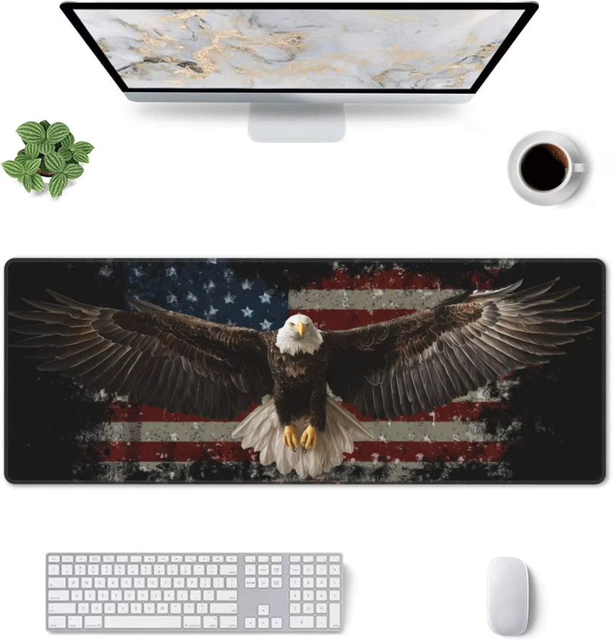 Gaming-Mauspad XL mit amerikanischer Flagge und Vogel Design, große Schreibtischunterlage in Multicolour mit genähten Kanten für Gamer und das Heimbüro - Bild 2