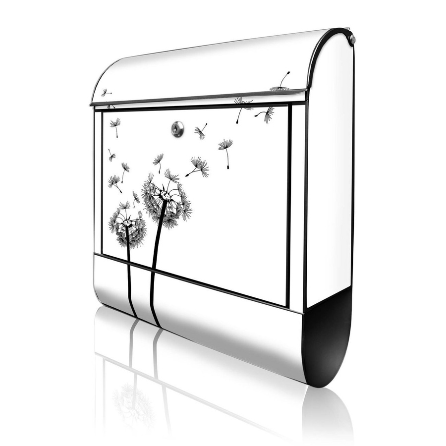 banjado Manufaktur Briefkasten mit Pusteblume Motiv in Schwarz Bunt mit Zeitungsfach, H x B x T: 38 x 47 x 13 cm - Bild 1