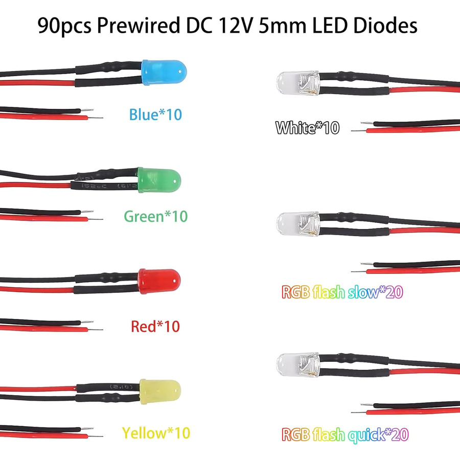 AOKIN 90 Stück 12V LED-Set mit 5mm Einzel-LEDs in 7 Farben (RGB, Weiß, Rot, Gelb, Grün, Blau) vorverdrahtet - Bild 3