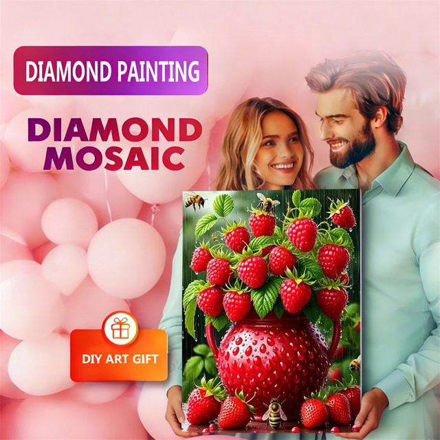 AZQSD Diamant-Mosaik-Set Erdbeere Frucht und Blumen in Multicolour mit runden Steinen für die Heim-Dekoration - Bild 1