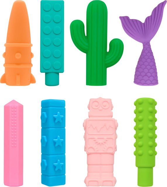 5 Stück Silikon-Stiftaufsätze als lustige Beißringe für Babys und Kinder, bpa-frei, mehrfarbig - Bild 1